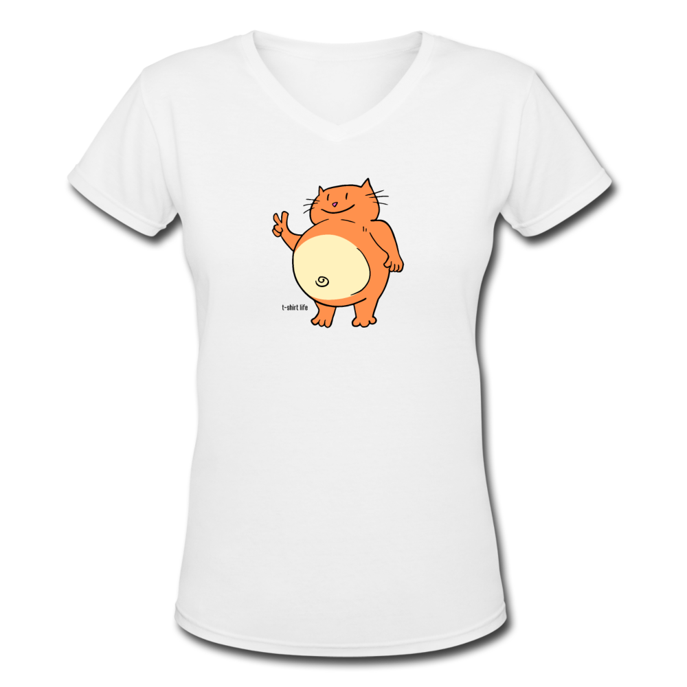 Women's V-Neck Happy Cat T-Shirt - white