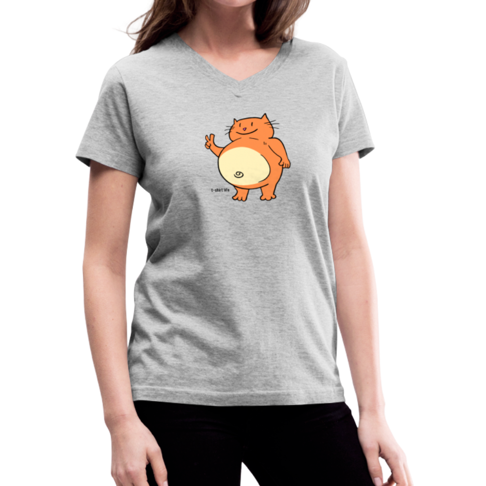 Women's V-Neck Happy Cat T-Shirt - gray