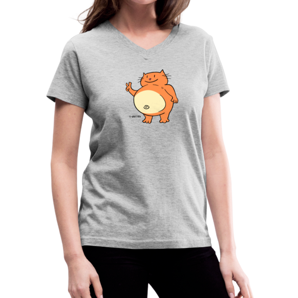 Women's V-Neck Happy Cat T-Shirt - gray