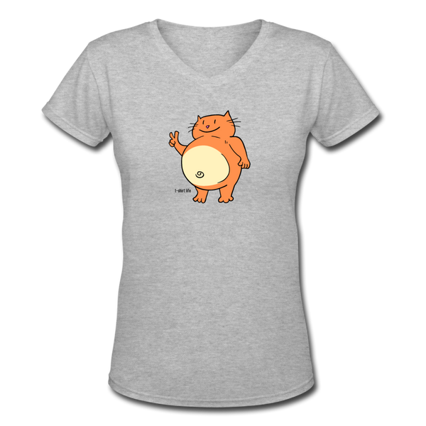 Women's V-Neck Happy Cat T-Shirt - gray