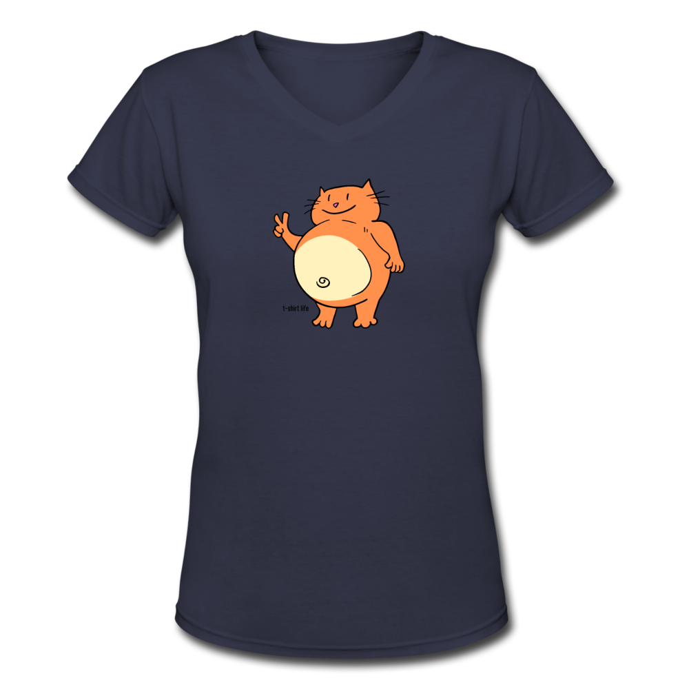 Women's V-Neck Happy Cat T-Shirt - navy