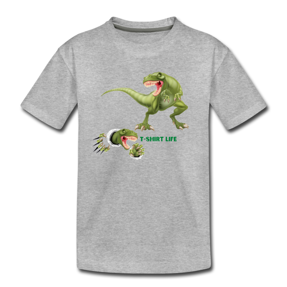 Kids' Premium Green Dino T-Shirt - heather gray